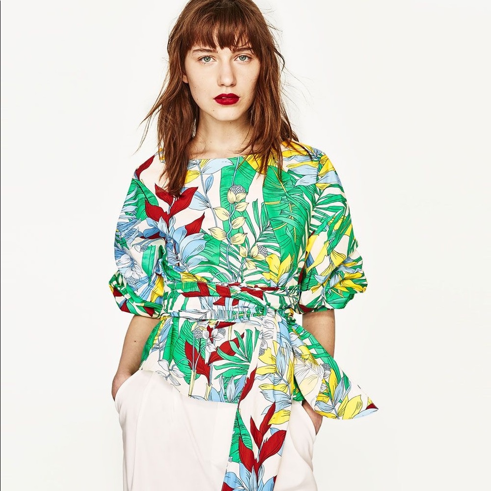 ZARA tropical print wrap blouse